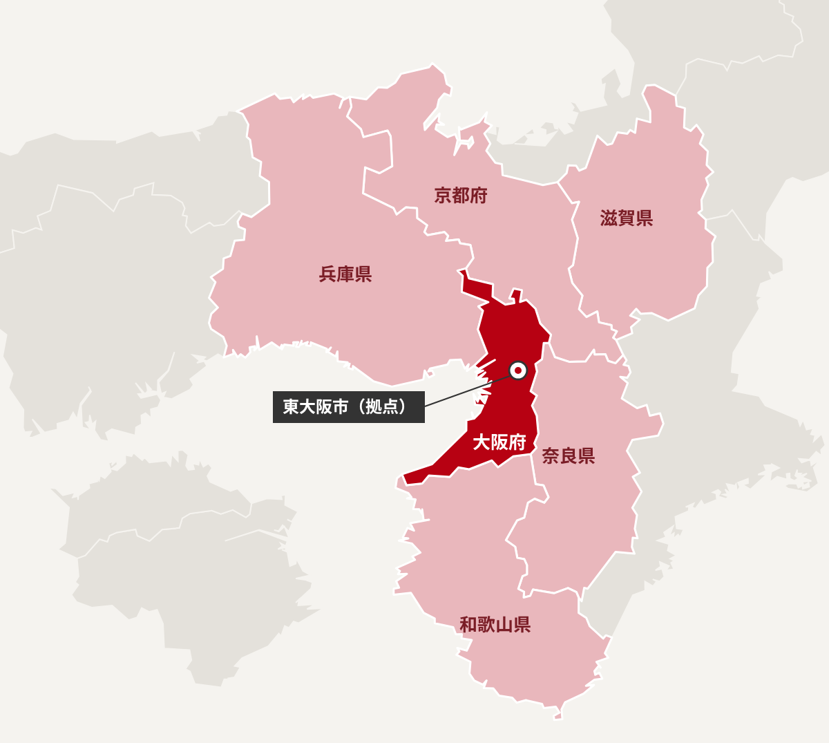 対応エリアの簡易マップ（東大阪市を拠点に大阪府全域・関西に対応）